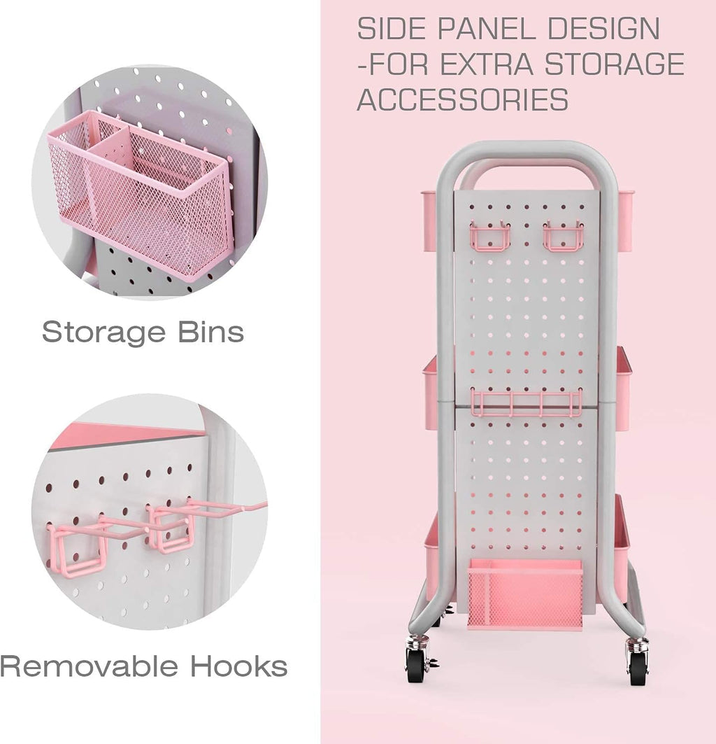 3 Tier Rolling Metal Utility Cart with Hooks Storage Bins S755035