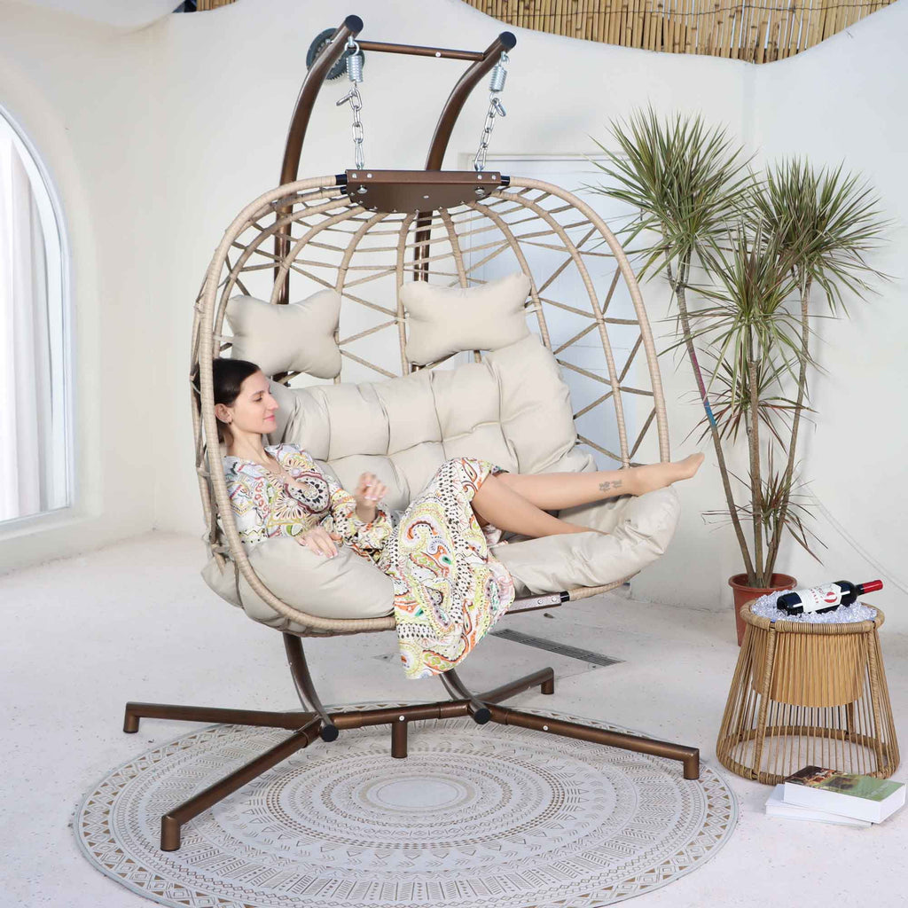 Foldable Brown PE Wicker Hanging Egg Chair with Stand Q8801