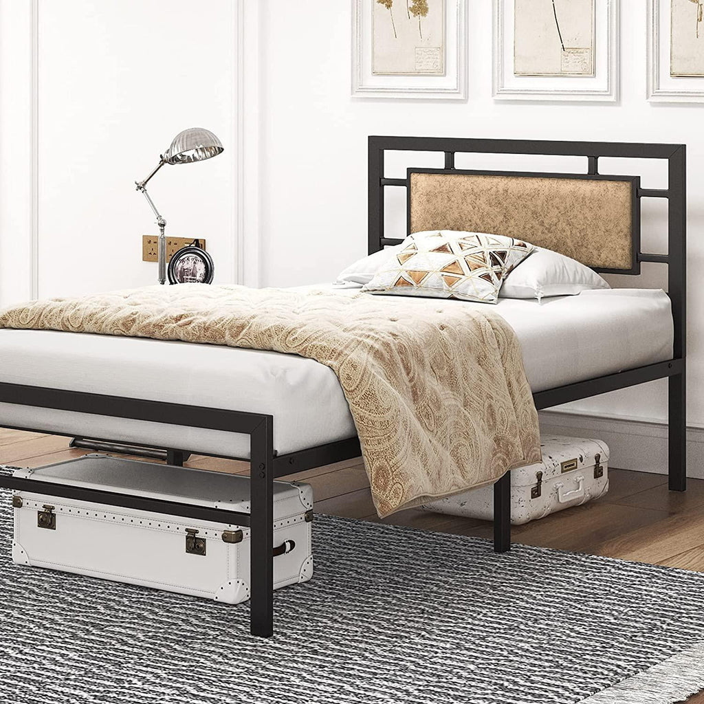 Vintage Metal Twin Bed Frame with Faux Leather Headboard S321