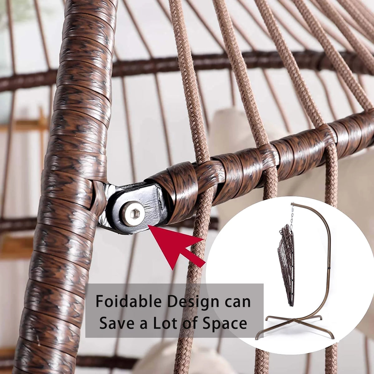 Foldable Brown PE Wicker Hanging Egg Chair with Stand Q8801