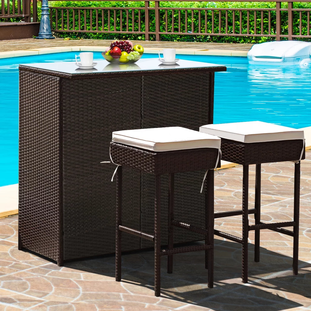 3PCS Patio Rattan Wicker Bar Table Stools Dining Set A966