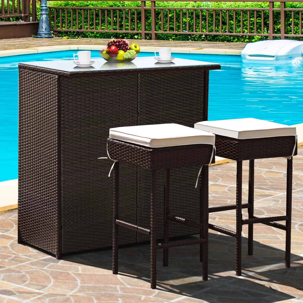 3PCS Patio Rattan Wicker Bar Table Stools Dining Set A966