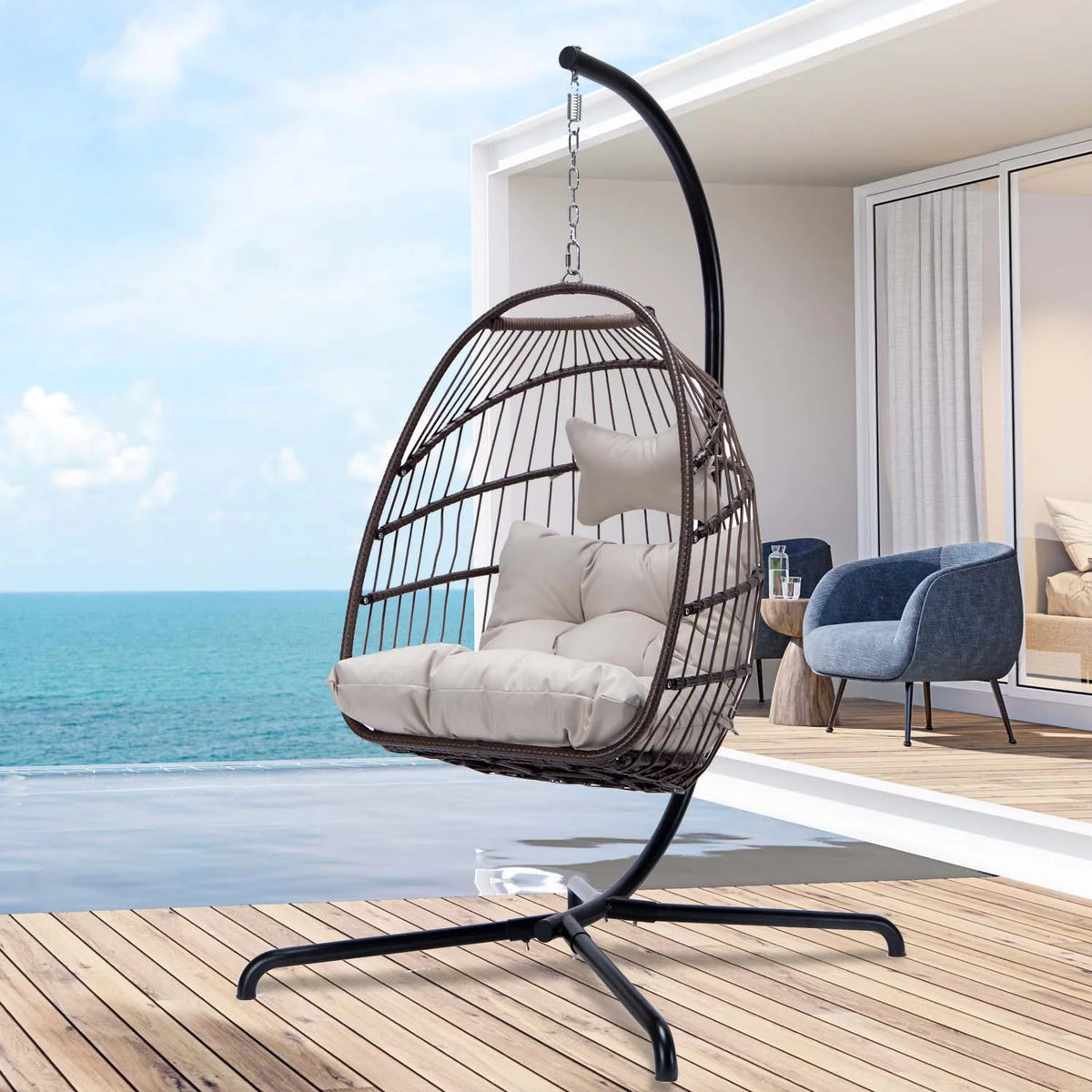 Foldable Brown PE Wicker Hanging Egg Chair with Stand Q8801