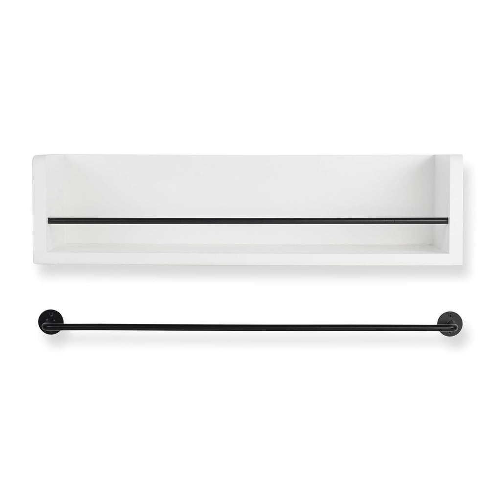 White Rustic Wood Wall Shelf with Metal Rail B549