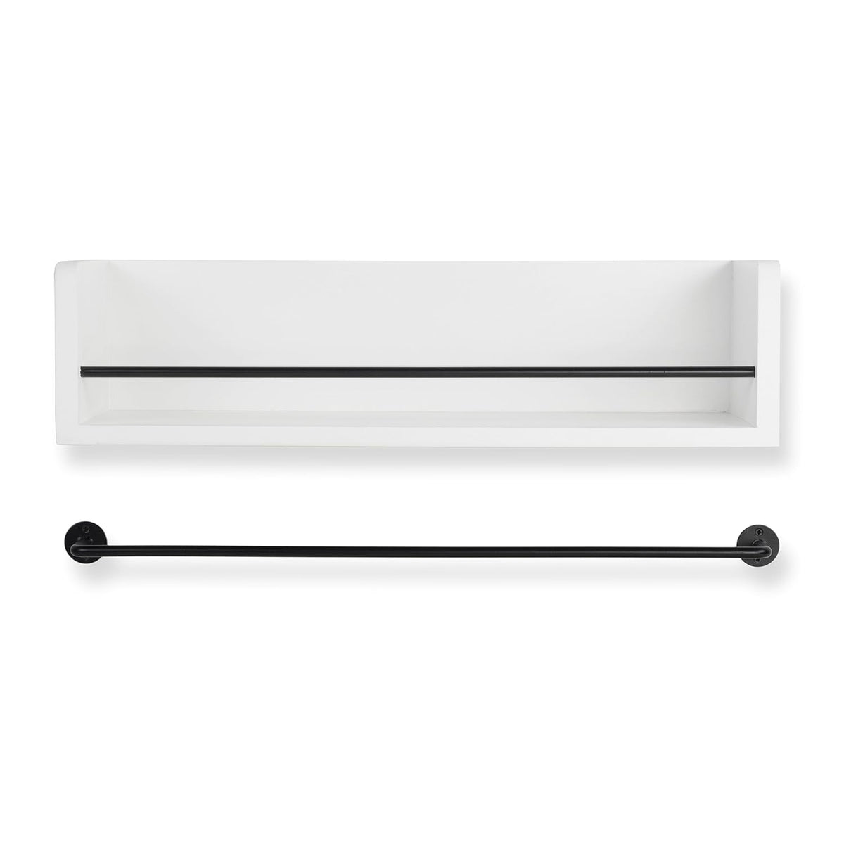 White Rustic Wood Wall Shelf with Metal Rail B549
