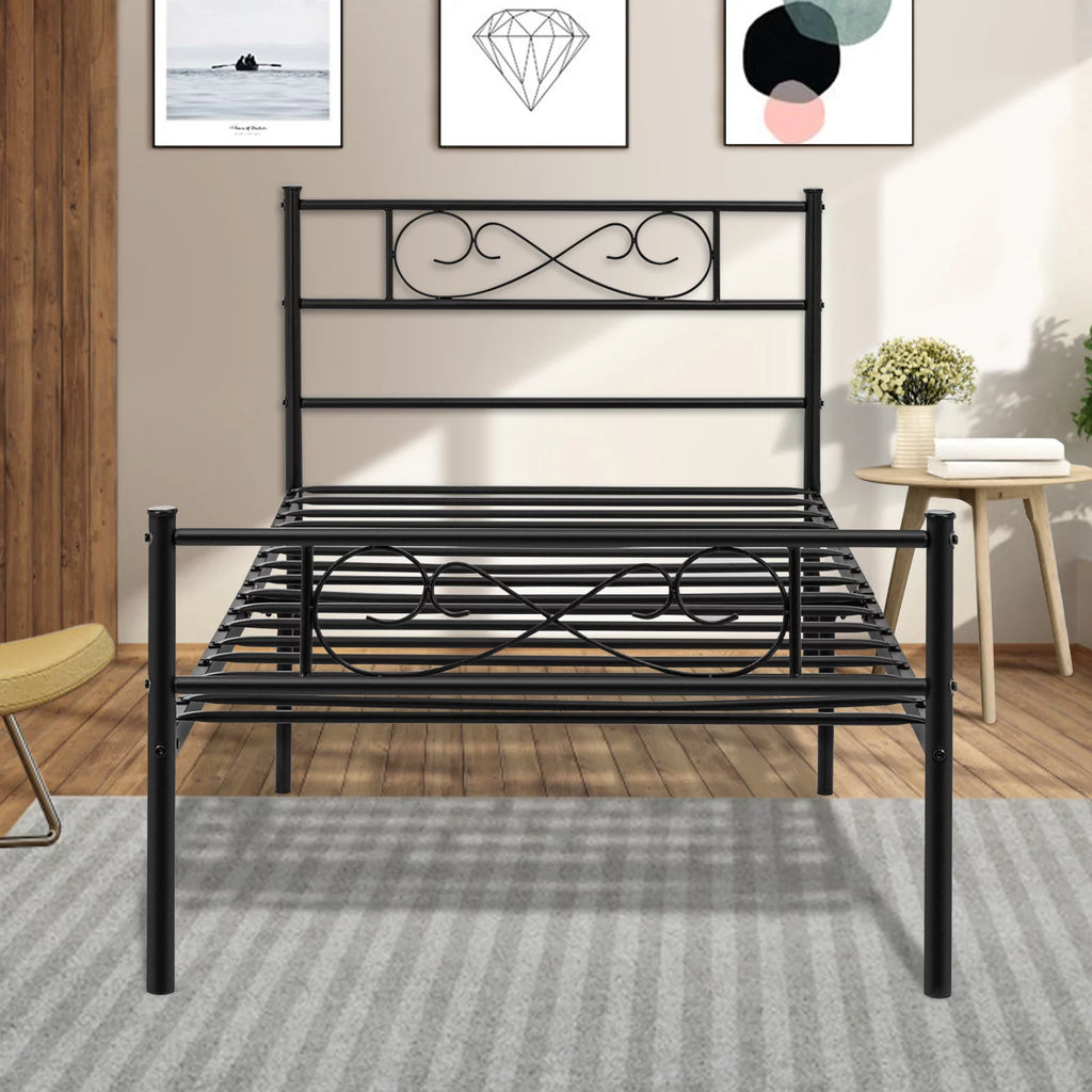 White 12 inch Twin Size Metal Platform Bed Frame with Headboard D90077