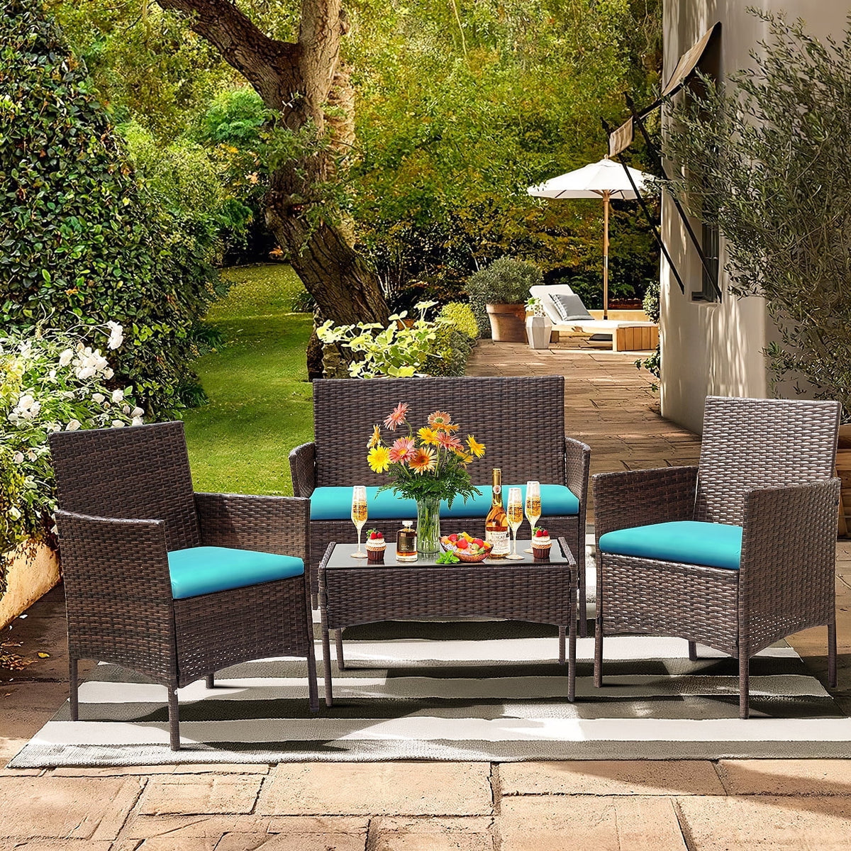 4 Piece PE Rattan Wicker Patio Table and Chairs Set with Cushions A80566
