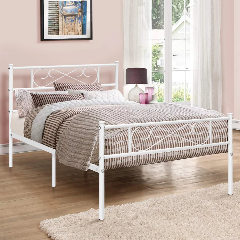 White 12 inch Twin Size Metal Platform Bed Frame with Headboard D90077