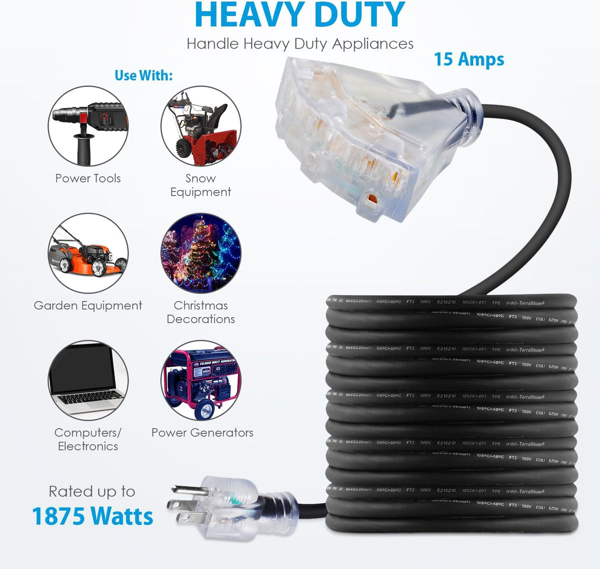 50 FT 12/3 Outdoor Extension Cord, Triple Outlet Black W970815