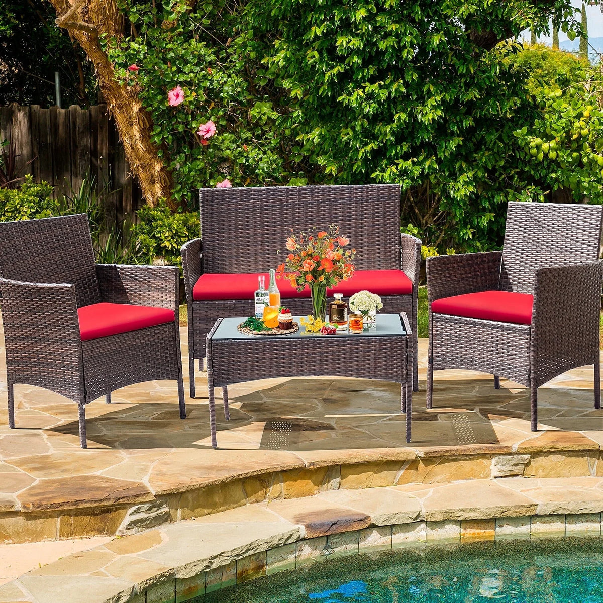 4 Piece PE Rattan Wicker Patio Table and Chairs Set with Cushions A80566