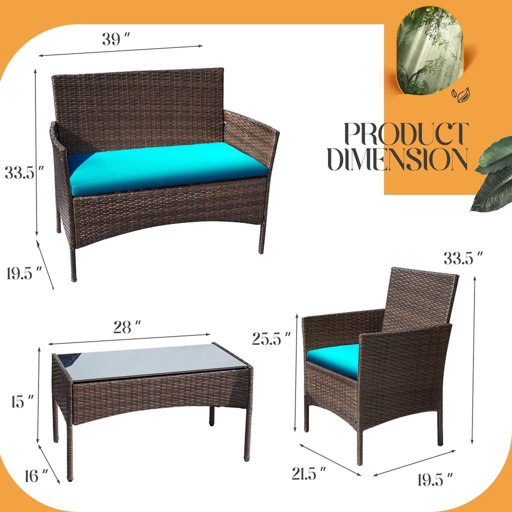 4 Piece PE Rattan Wicker Patio Table and Chairs Set with Cushions A80566