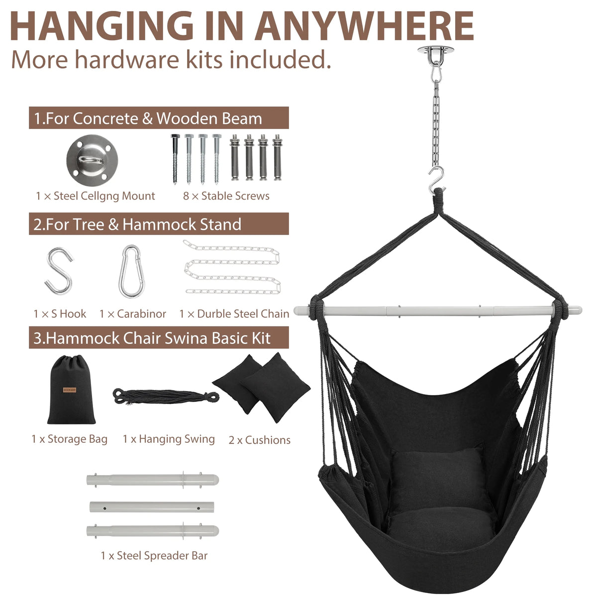 Large Cotton Hammock Chair Swing with Cushions V603