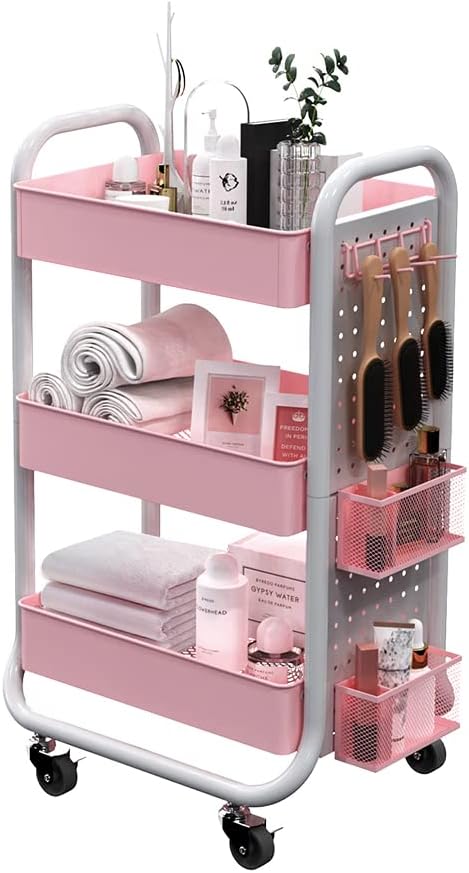 3 Tier Rolling Metal Utility Cart with Hooks Storage Bins S755035