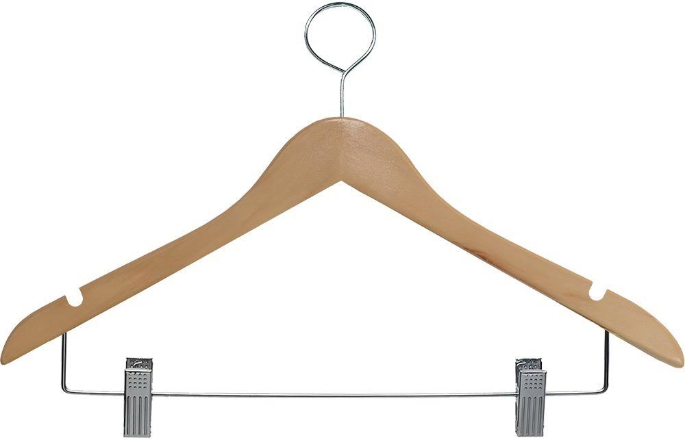 Natural Finish Wooden Hangers with Clips, Box of 50 R734