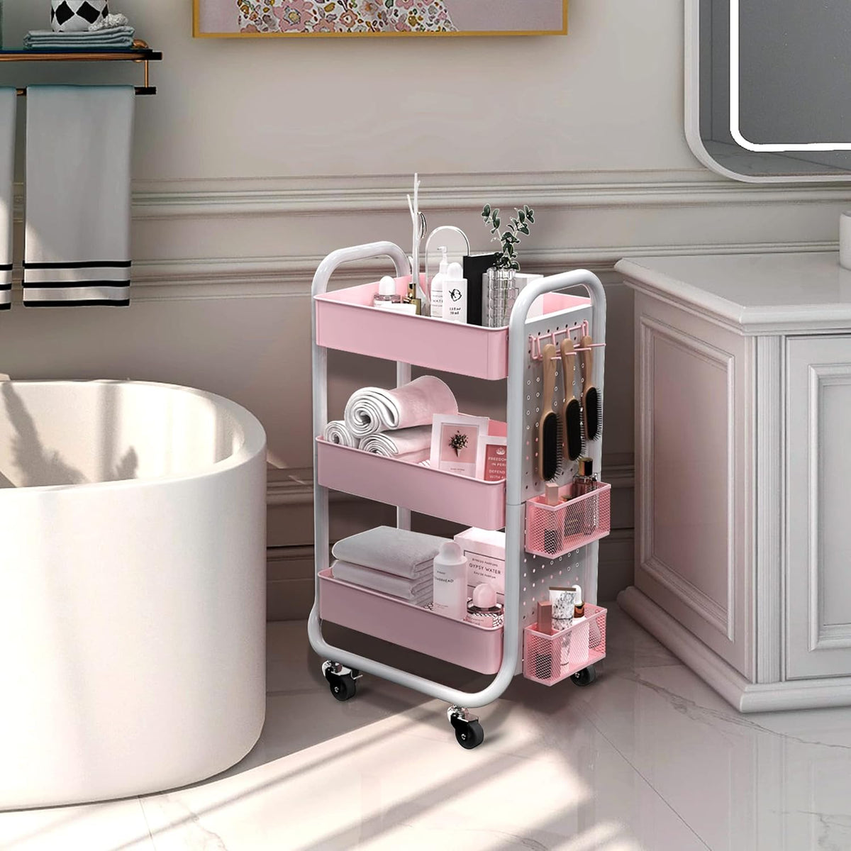 3 Tier Rolling Metal Utility Cart with Hooks Storage Bins S755035