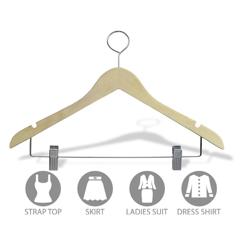 Natural Finish Wooden Hangers with Clips, Box of 50 R734