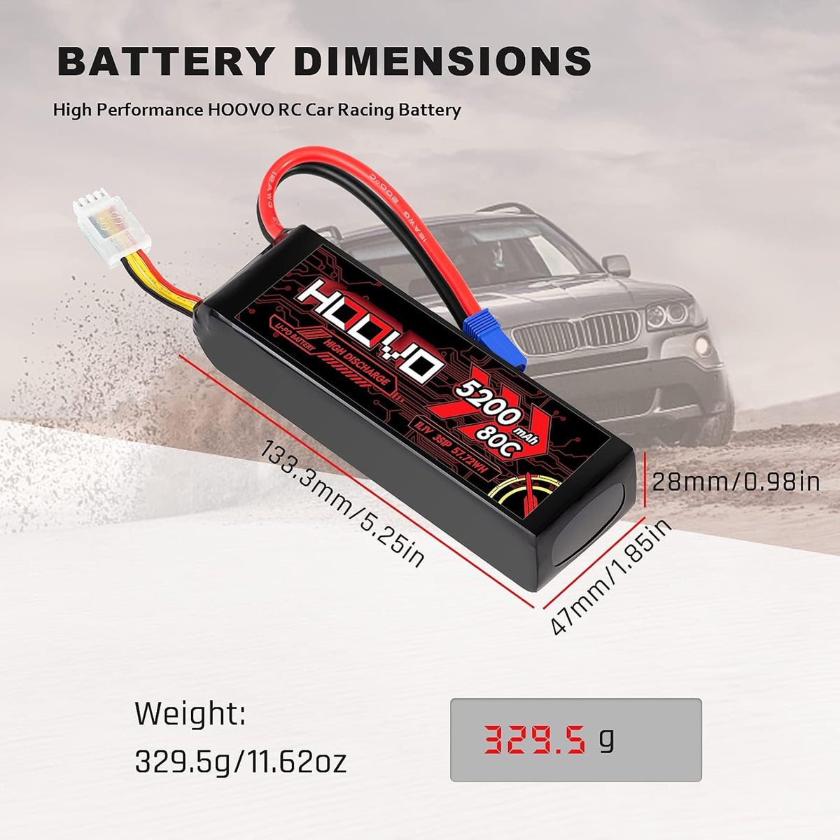 3S Lipo Battery 11.1V 80C 5200mAh with EC5 Connector 2 Pack D4907