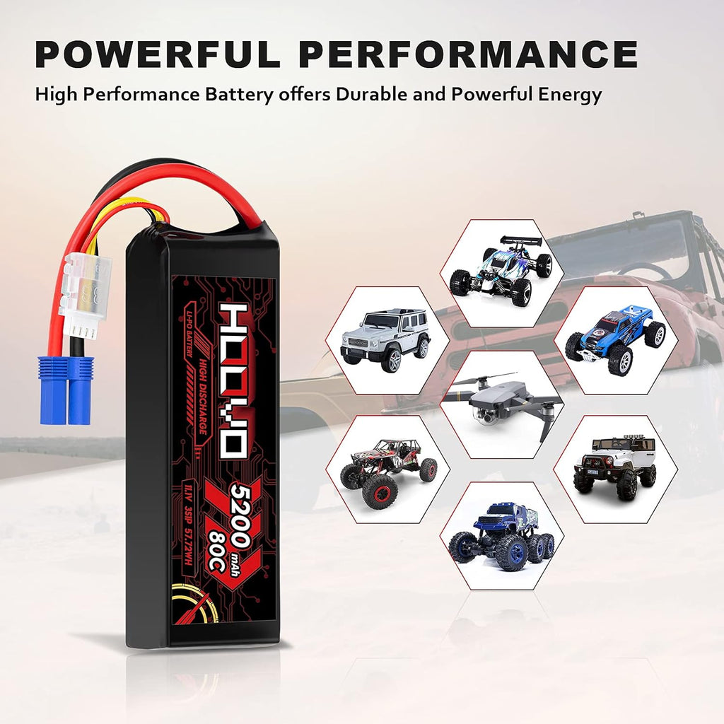 3S Lipo Battery 11.1V 80C 5200mAh with EC5 Connector 2 Pack D4907