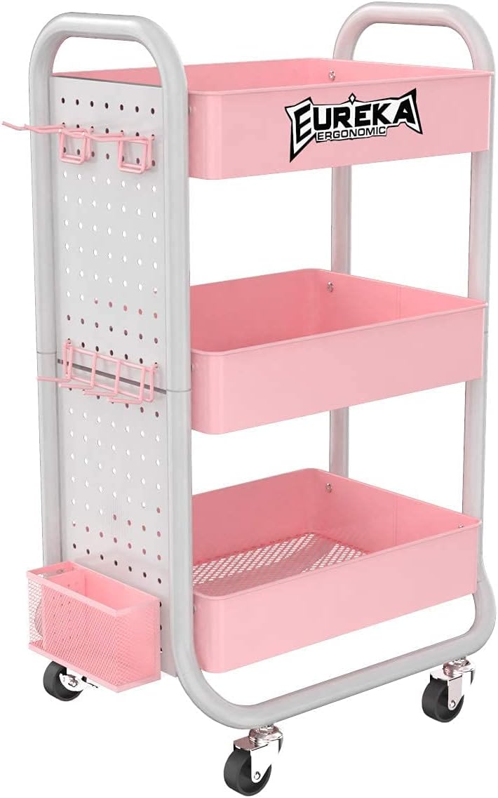 3 Tier Rolling Metal Utility Cart with Hooks Storage Bins S755035