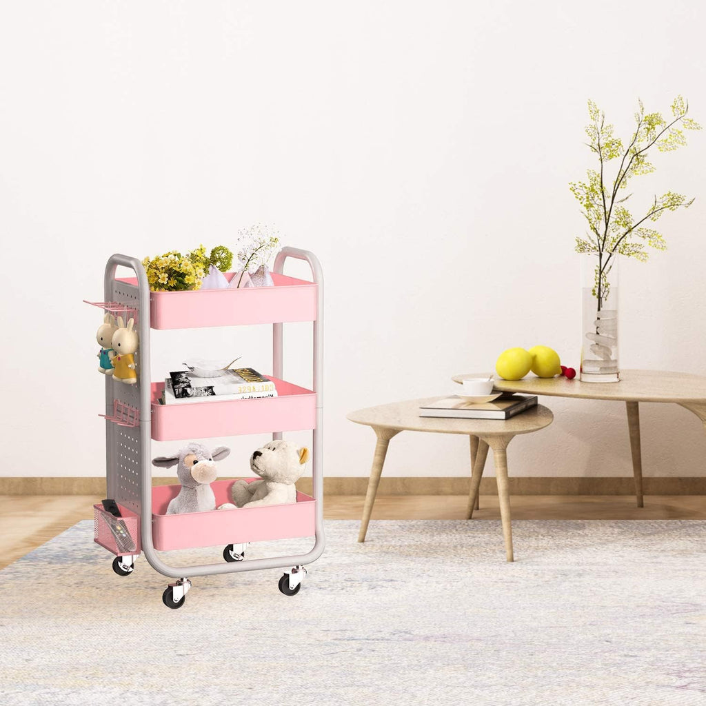 3 Tier Rolling Metal Utility Cart with Hooks Storage Bins S755035