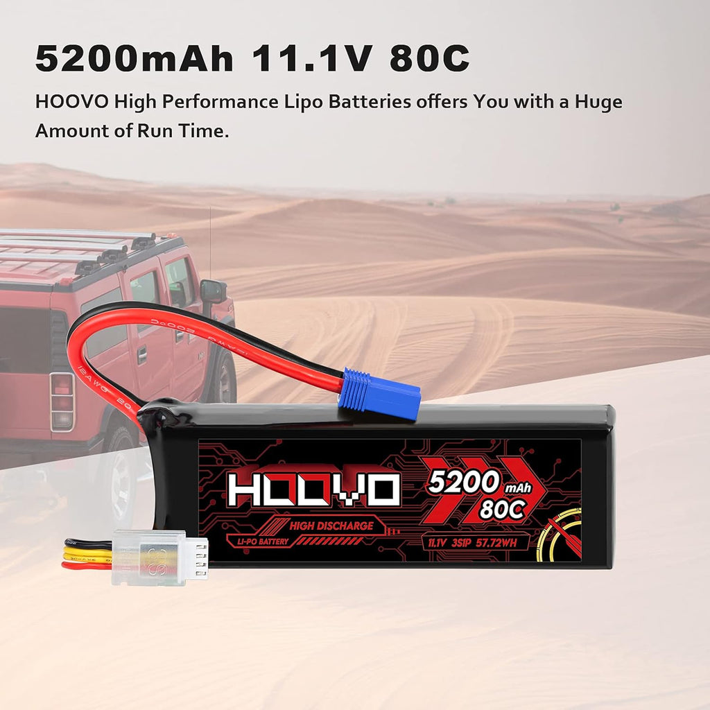 3S Lipo Battery 11.1V 80C 5200mAh with EC5 Connector 2 Pack D4907