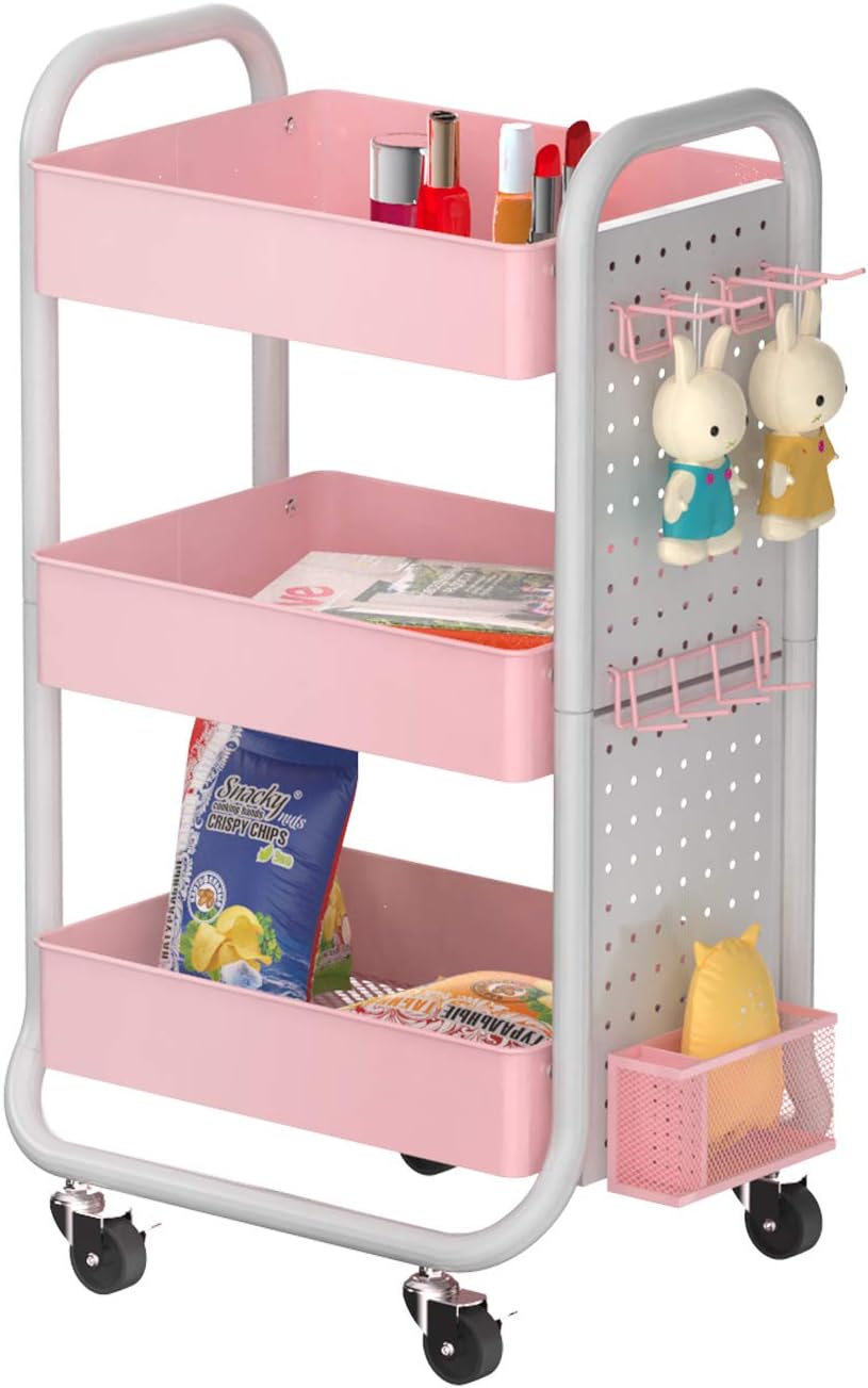 3 Tier Rolling Metal Utility Cart with Hooks Storage Bins S755035