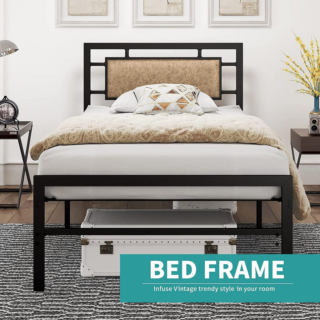 Vintage Metal Twin Bed Frame with Faux Leather Headboard S321