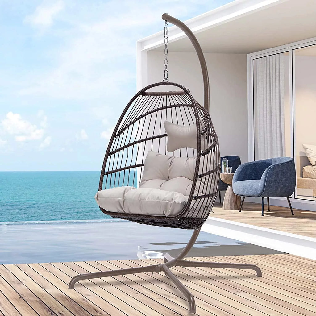Foldable Brown PE Wicker Hanging Egg Chair with Stand Q8801