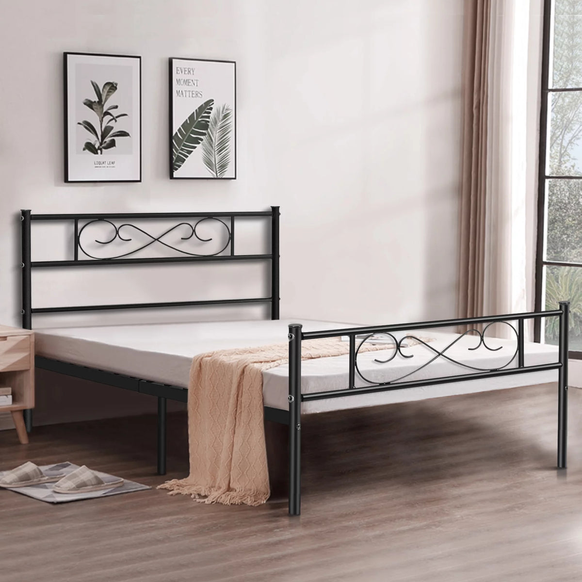White 12 inch Twin Size Metal Platform Bed Frame with Headboard D90077
