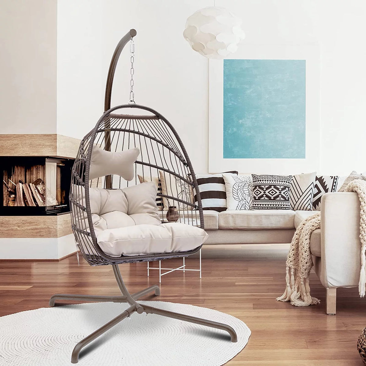 Foldable Brown PE Wicker Hanging Egg Chair with Stand Q8801