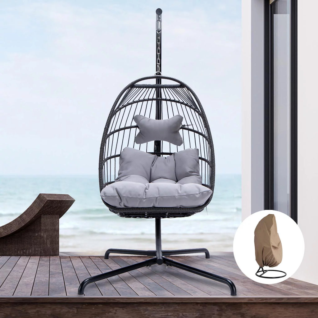 Foldable Brown PE Wicker Hanging Egg Chair with Stand Q8801
