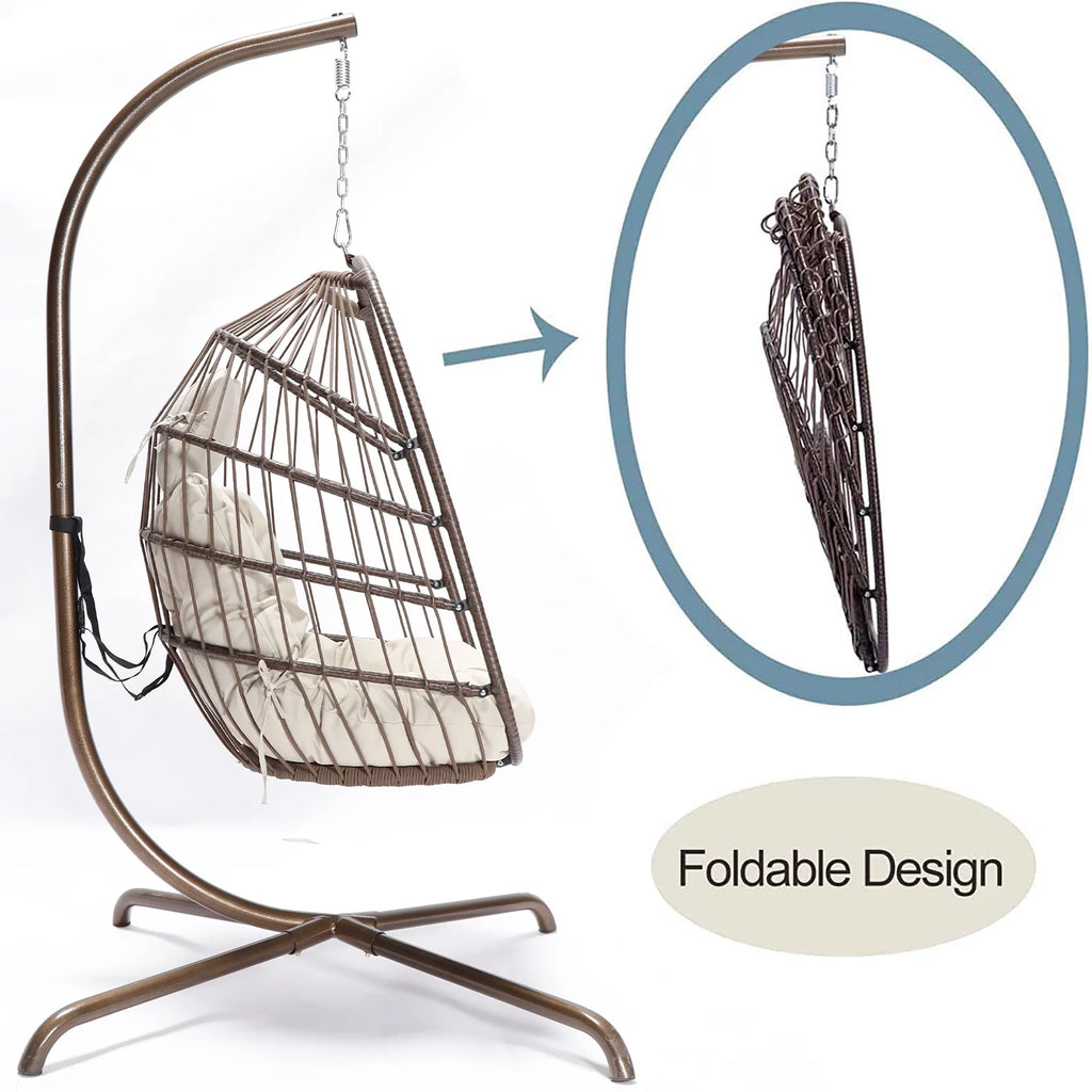 Foldable Brown PE Wicker Hanging Egg Chair with Stand Q8801