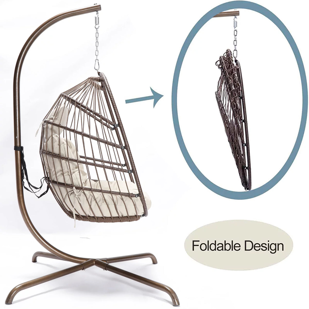 Foldable Brown PE Wicker Hanging Egg Chair with Stand Q8801