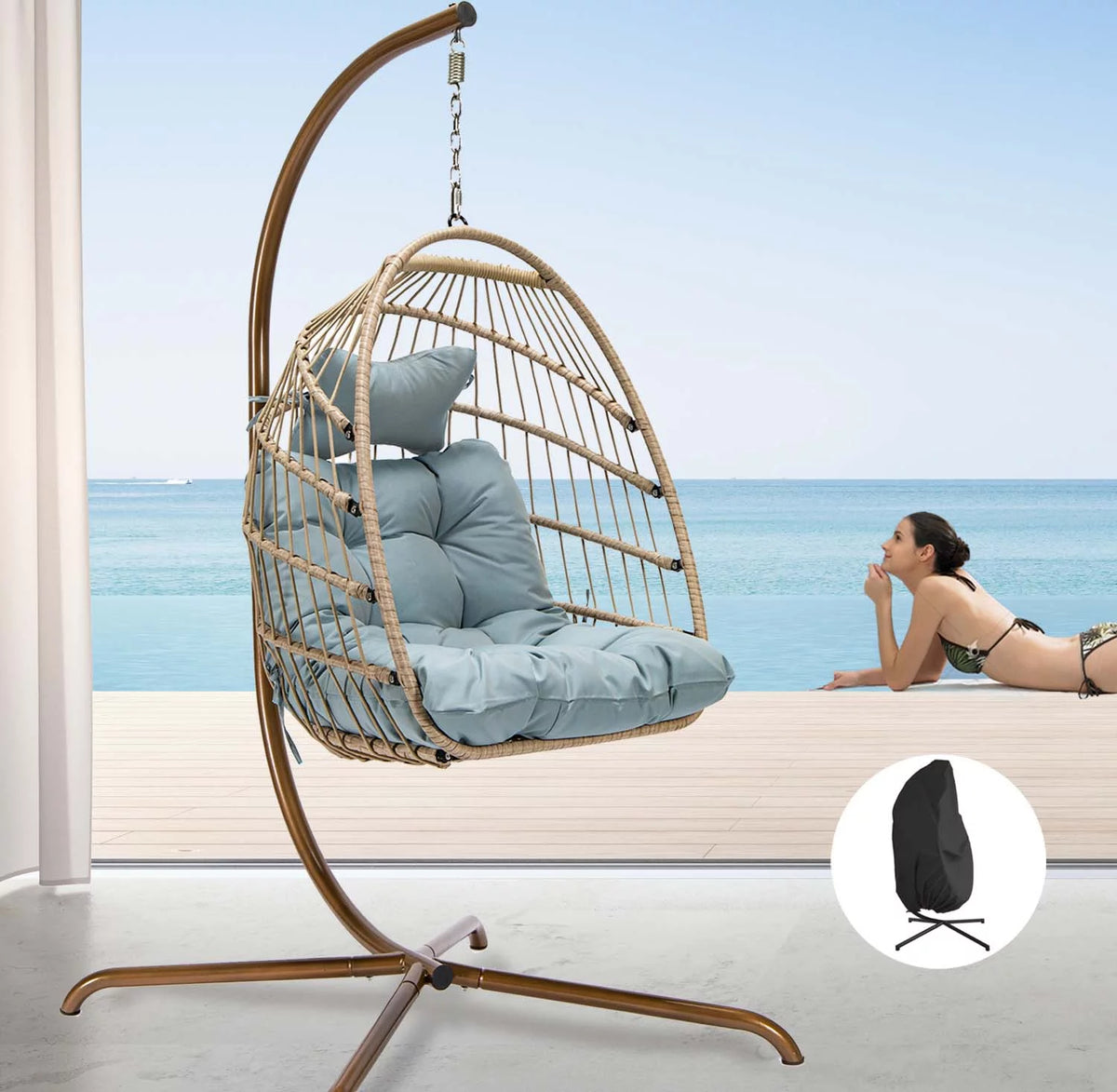 Foldable Brown PE Wicker Hanging Egg Chair with Stand Q8801