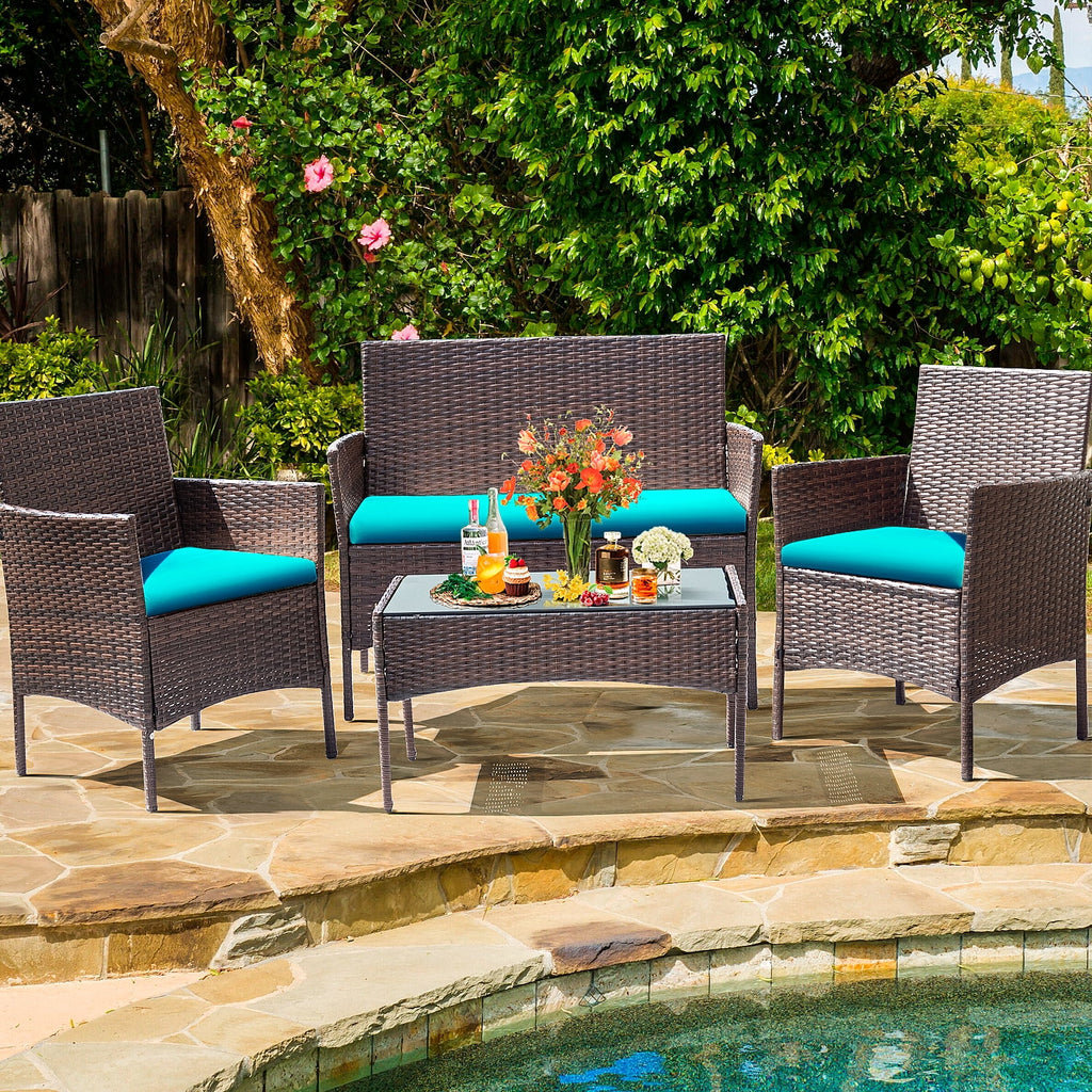 4 Piece PE Rattan Wicker Patio Table and Chairs Set with Cushions A80566
